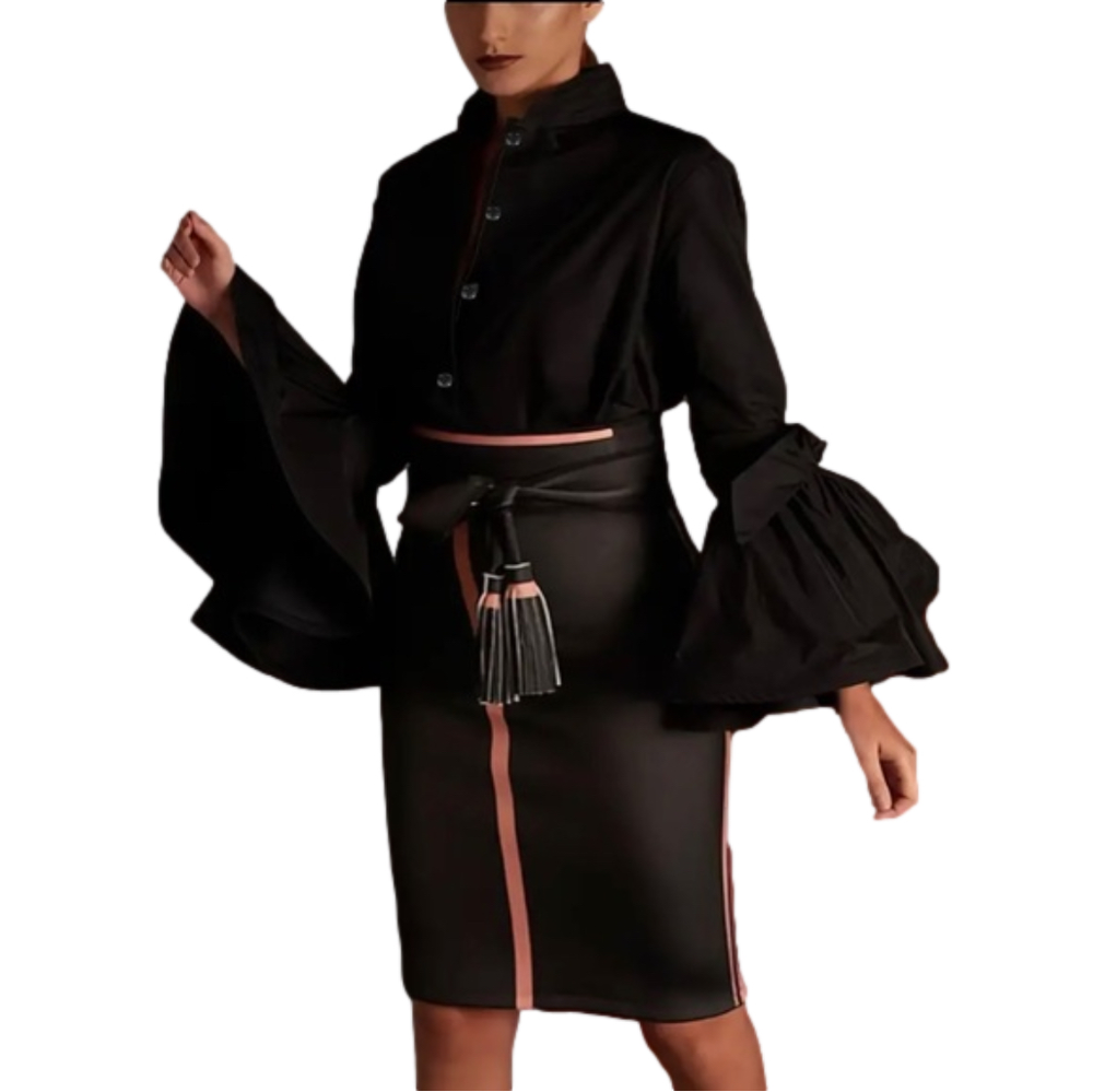 Plus Size Black Button Front Blouse Dramatic Ruffle Bell Cuffs - Picture 6 of 8